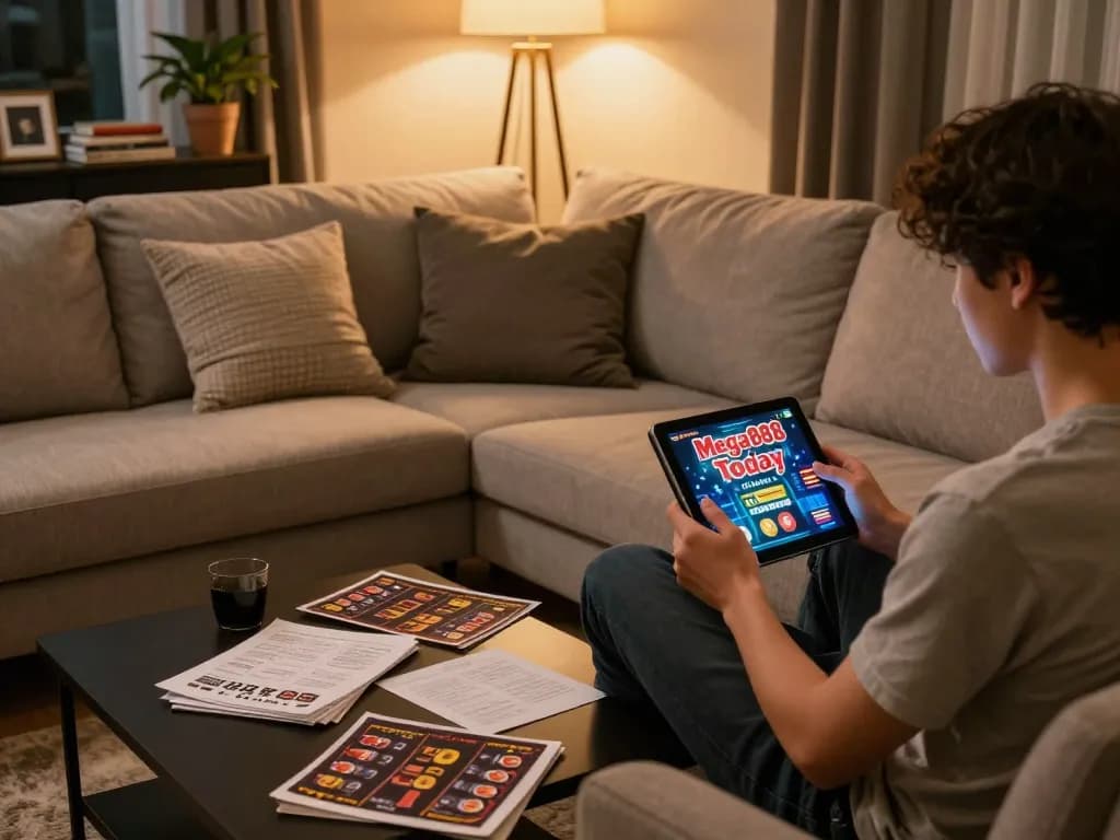 Mega888 today player strategically enjoying home gaming on a tablet in a cozy setting.