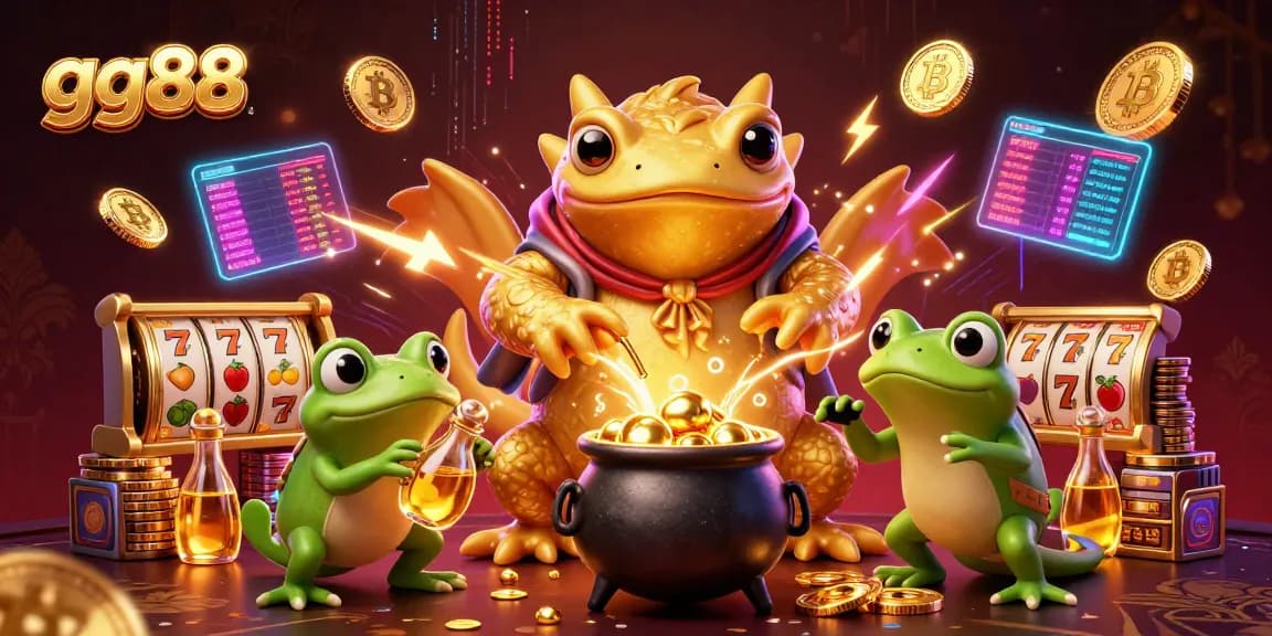 Spin to win with gg88 in a vibrant casino scene featuring golden creatures and slot reels.