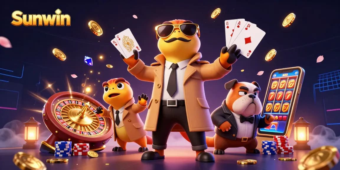 Sunwin showcases raptors in a trench coat trying to enter a VIP lounge in a vibrant casino scene.