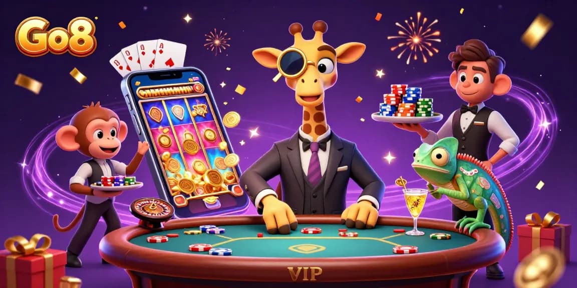 Engage in thrilling gambling at Go8 with a high-roller giraffe and dynamic casino action.