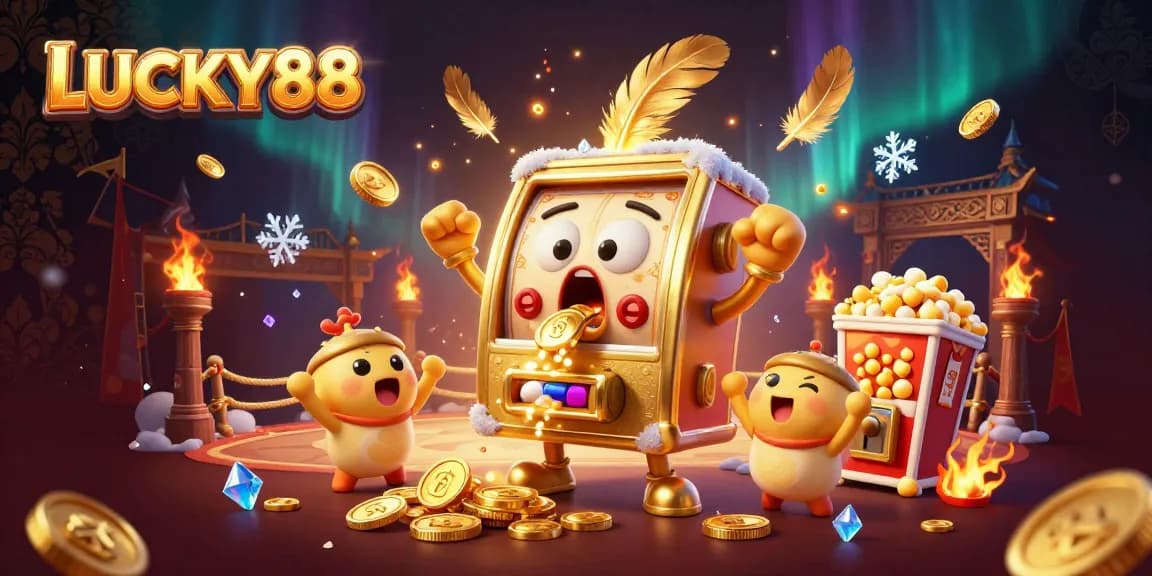 LUCKY88 slot machine character hitting jackpot with coins pouring, surrounded by cheering machines.