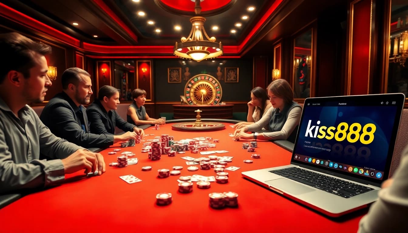 Players enjoying a thrilling game at kiss888 casino with poker chips and cards visible on the luxurious table.