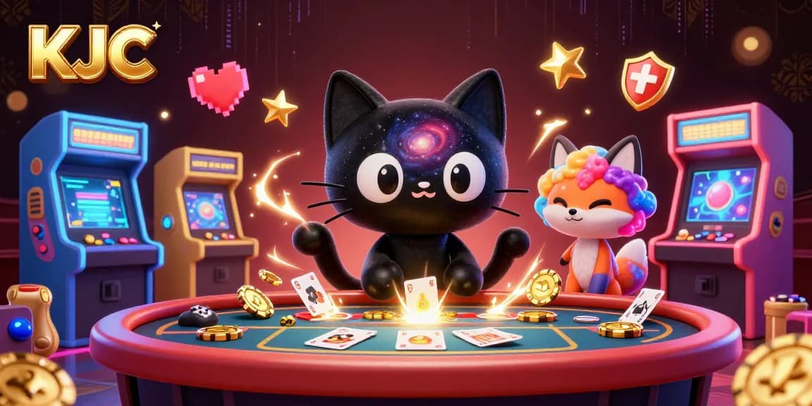 KJC engaging players at a cosmic casino table with vibrant games and striking characters.