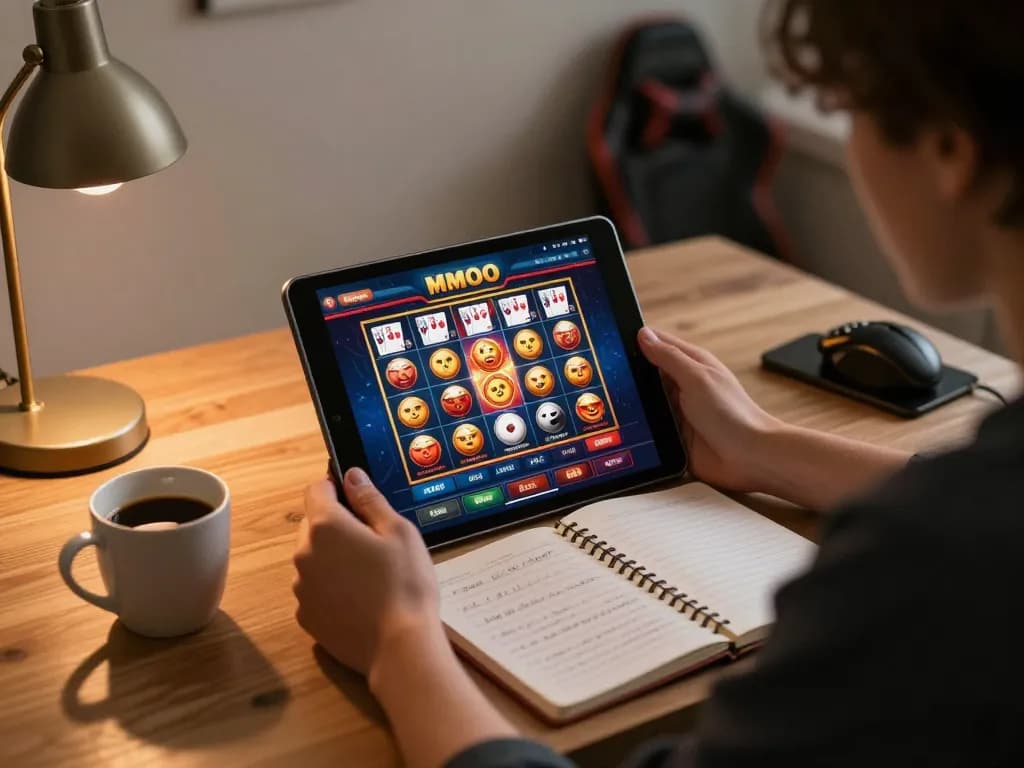 Engaging home gaming scene with MMOO app on tablet, showcasing online betting excitement.