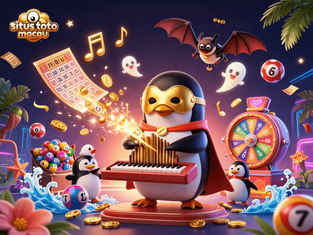 Ilustrasi 3D situs toto macau menggambarkan penguin opera dengan organ pipa melepaskan koin emas di bawah bat akrobat.