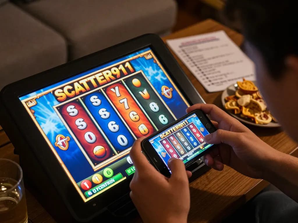 Engaging in mobile gaming with SCATTER911 Link Slot on smartphone in a cozy home.