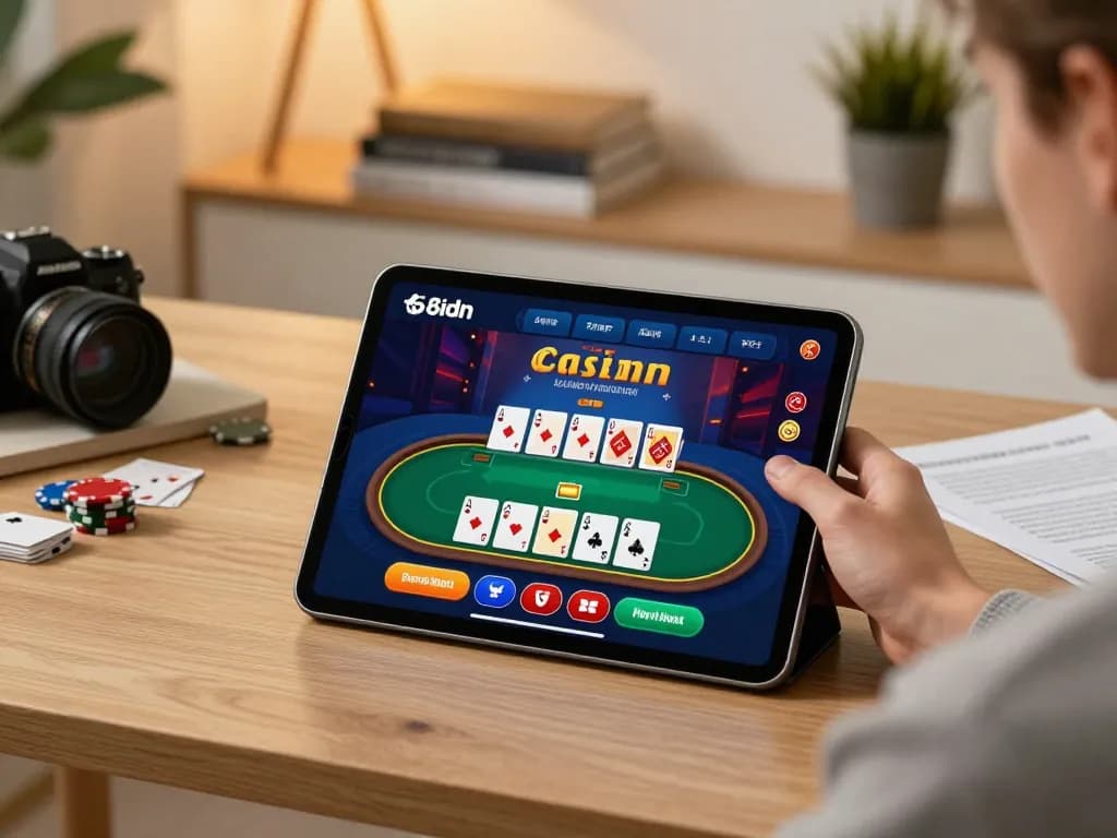 Orang yang bermain poker di aplikasi 68idn, menampilkan setup permainan modern di rumah yang nyaman