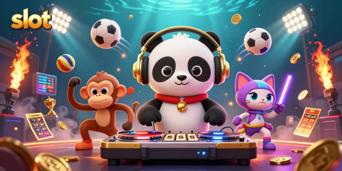 Slot berputar dengan panda DJ, monyet, dan kucing wahana, penuh detail dan keaktifan di kasino.
