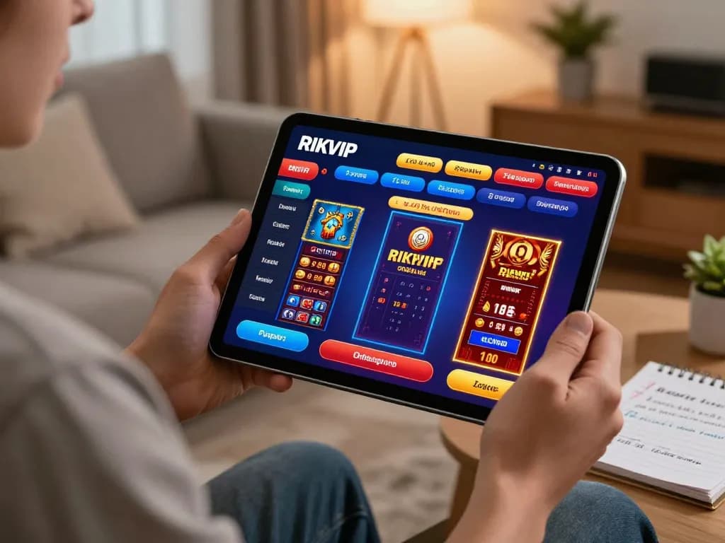 Engaging with the RIKVIP online casino app on a tablet, showcasing strategic gameplay.