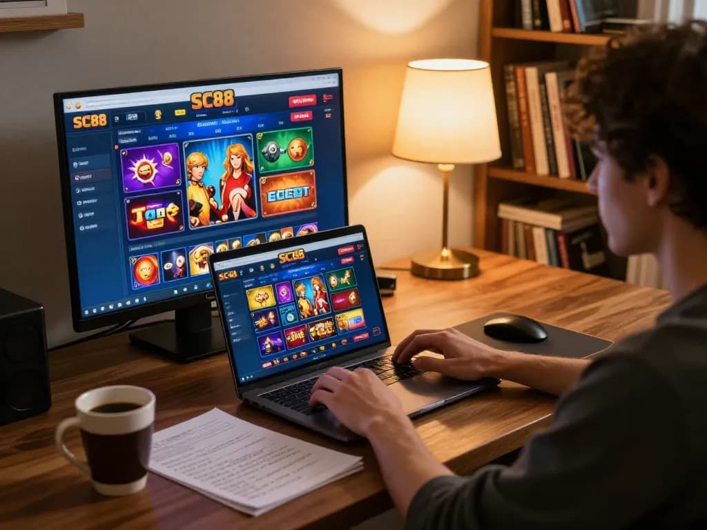 Engaging with SC88 on a laptop, showcasing vibrant online gaming experience and strategic notes.