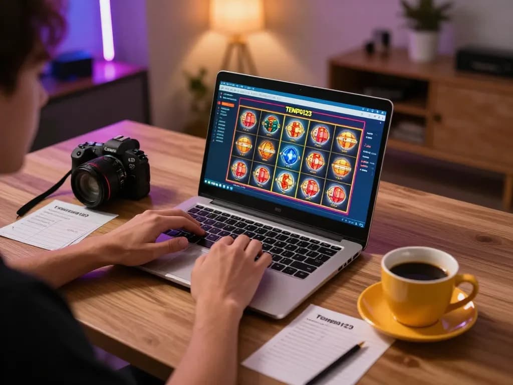 Scene menarik pemain menggunakan Tempo123 untuk permainan slot online di laptop dengan catatan strategis