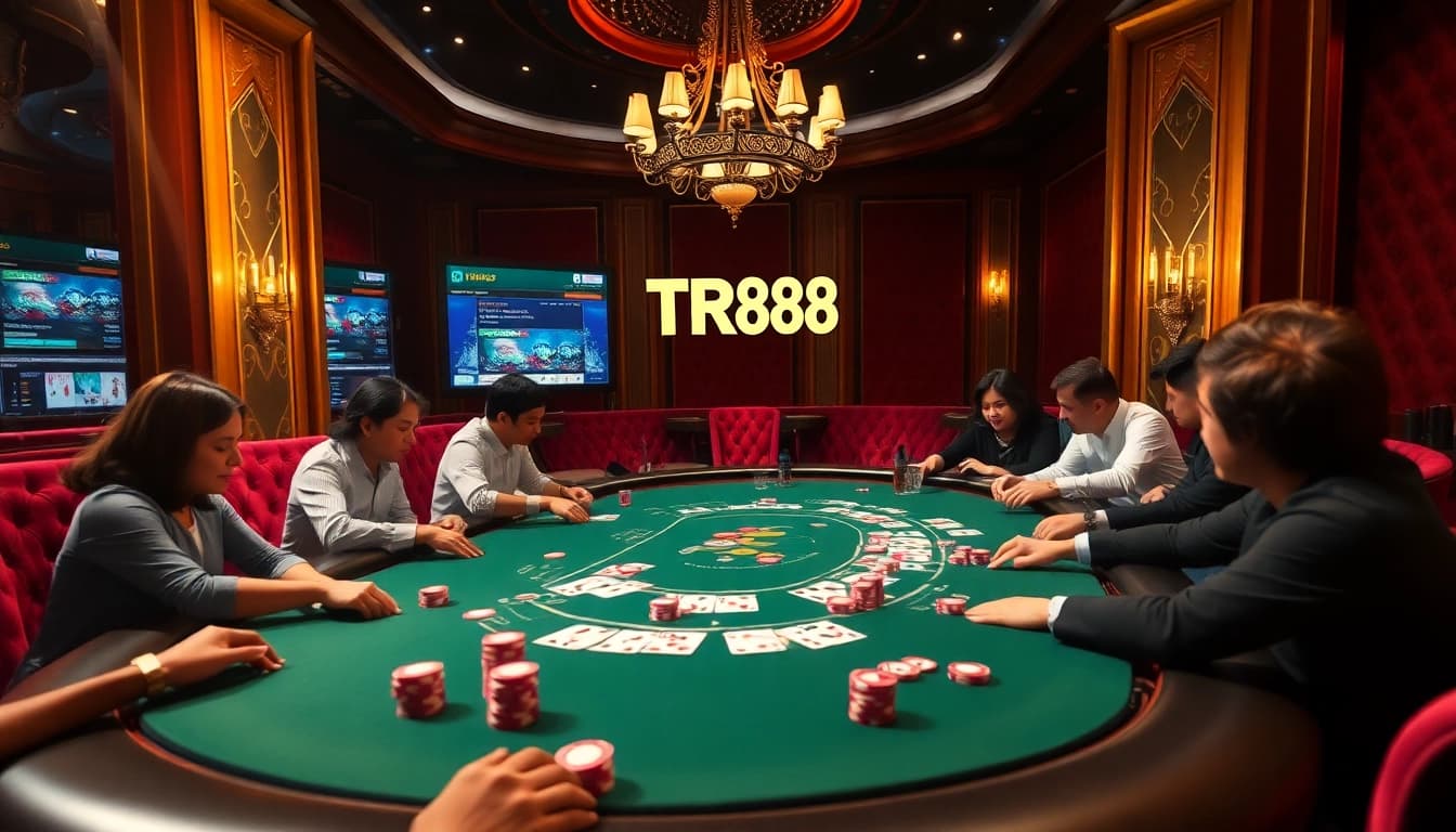 Players enjoying a high-stakes game at TR88 poker table with vibrant chips and cards.