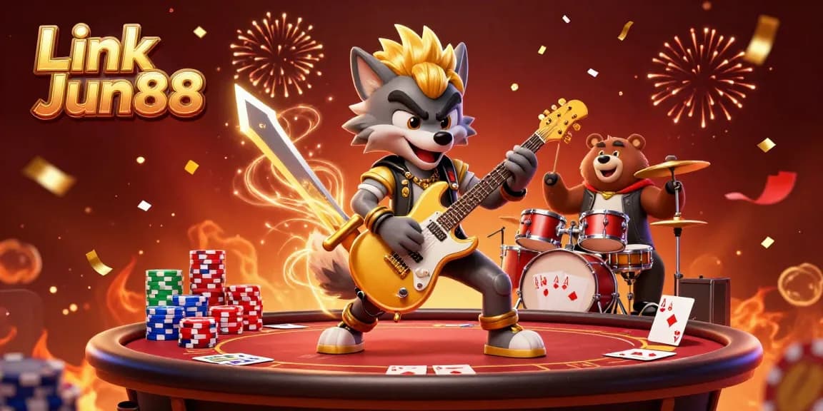 Experience the thrill of gaming at Link Jun88 with a vibrant casino scene featuring a rock star wolf and poker action.