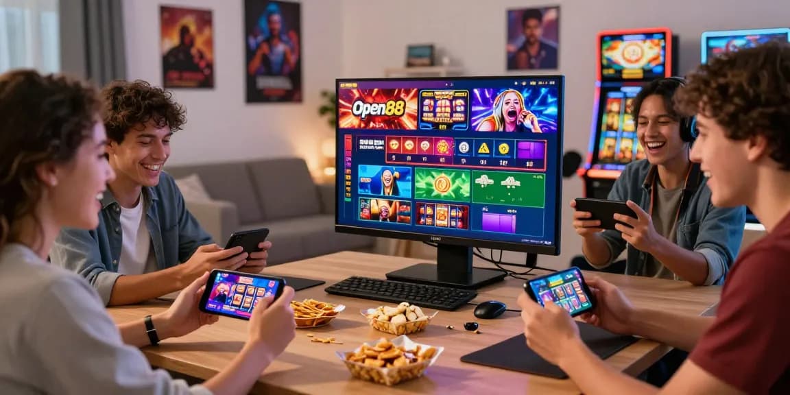 Friends enjoying Open88 online gambling games in a vibrant setting, showcasing fun and excitement.