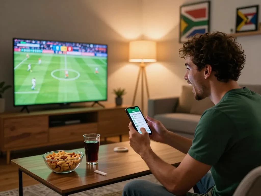 Engaging in sports betting South Africa while watching a live match on TV with a phone app.