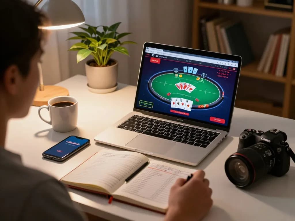 Engaging in online casino gaming at home with llwin platform on laptop while managing betting strategies.