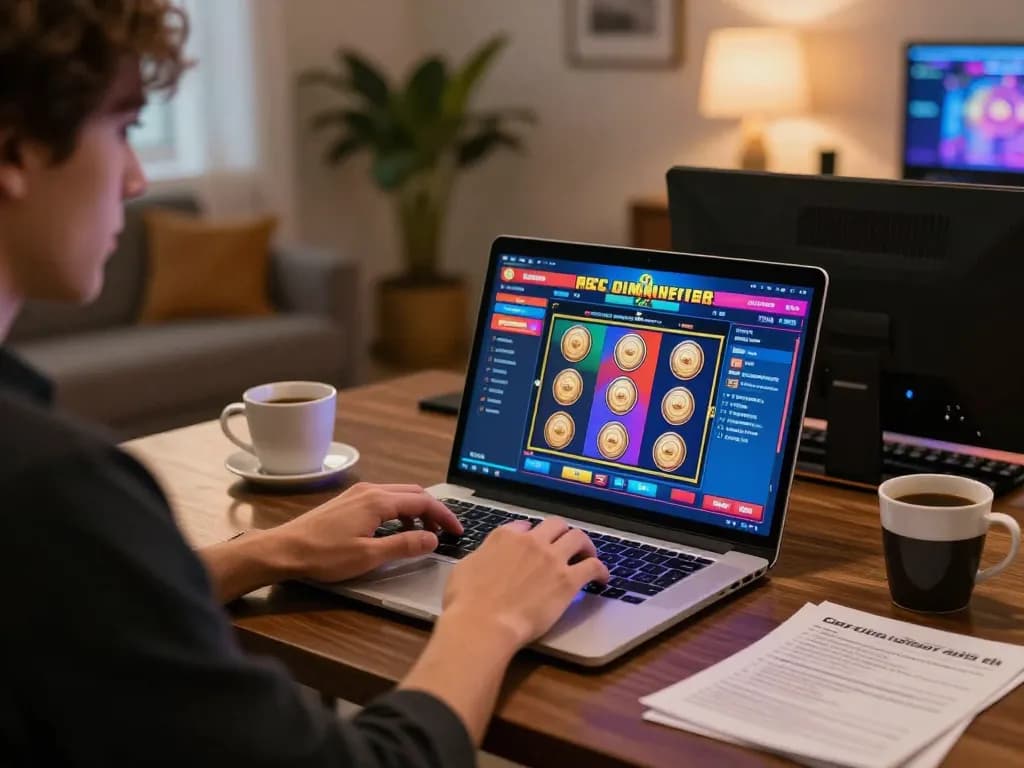 Player enjoying a thrilling game of xo88 online slots at home, displaying immersive gaming atmosphere.