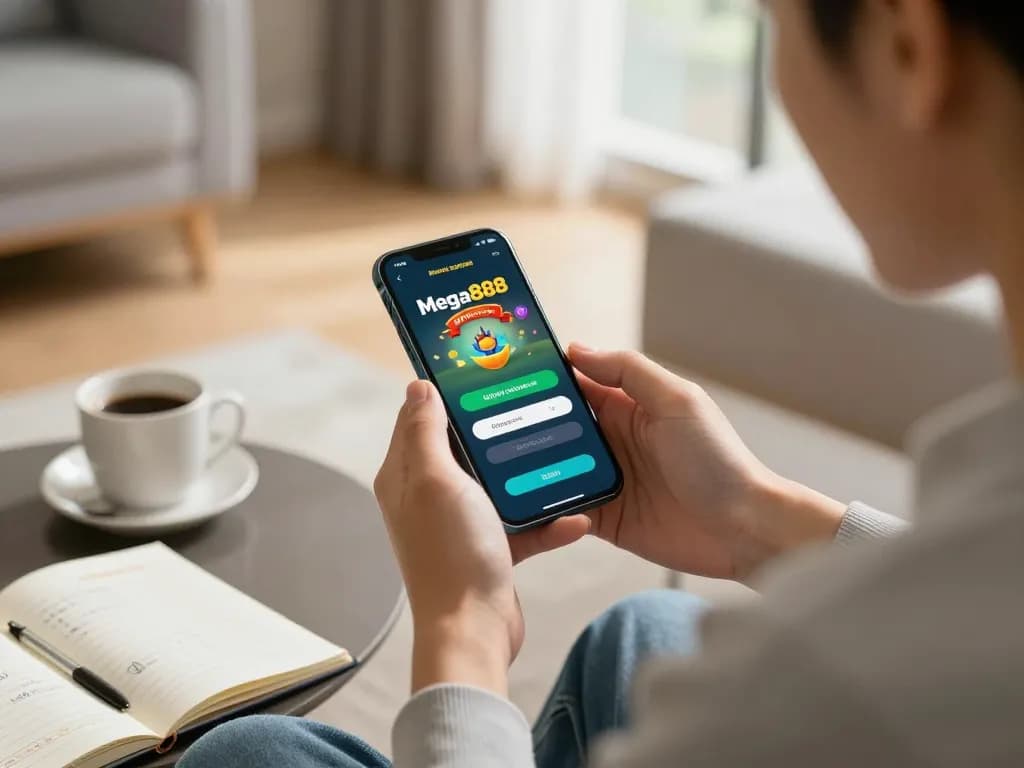 Engaging user logging into Mega888 app on smartphone for exciting online gaming experience
