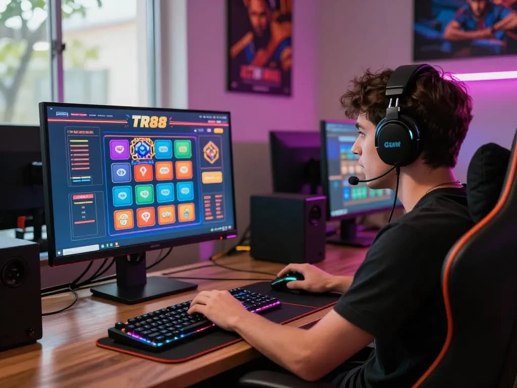 Player engaging in an exciting TR88 online casino game with vibrant graphics and ambient lighting.