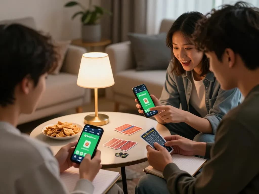 Two friends engaging with the kebet betting app, calculating odds in a cozy living room.