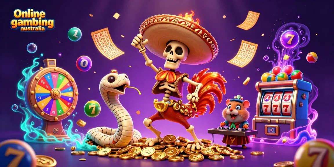 Engage in online gambling Australia with a vibrant 3D illustration featuring a dancing mariachi rooster and colorful game elements.
