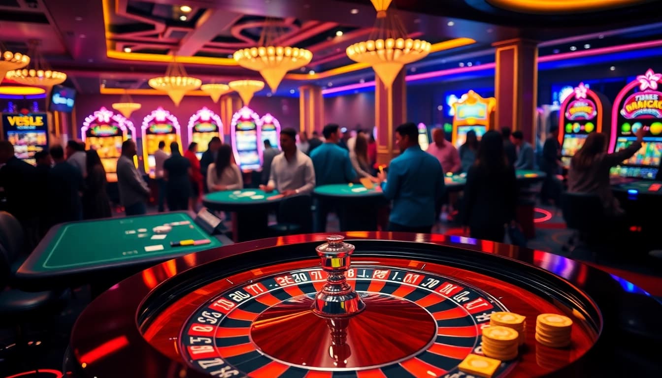 Players engage in thrilling games at https://luck882.co.com/, showcasing vibrant casino excitement with roulette and poker.