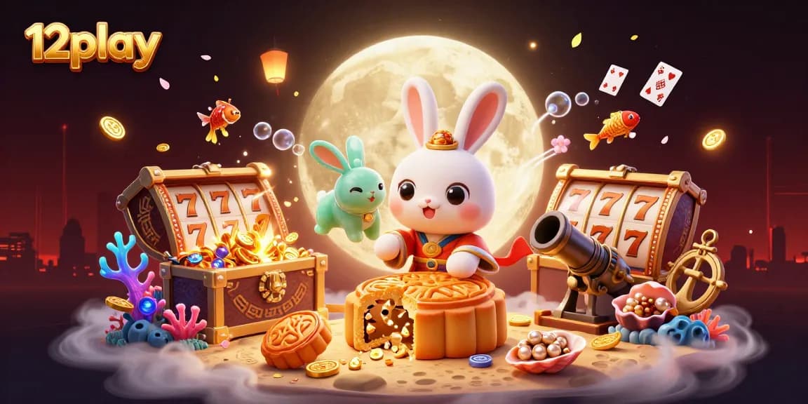 Win big with 12play as the moon rabbit reveals poker chips from mooncakes in an exciting casino scene.