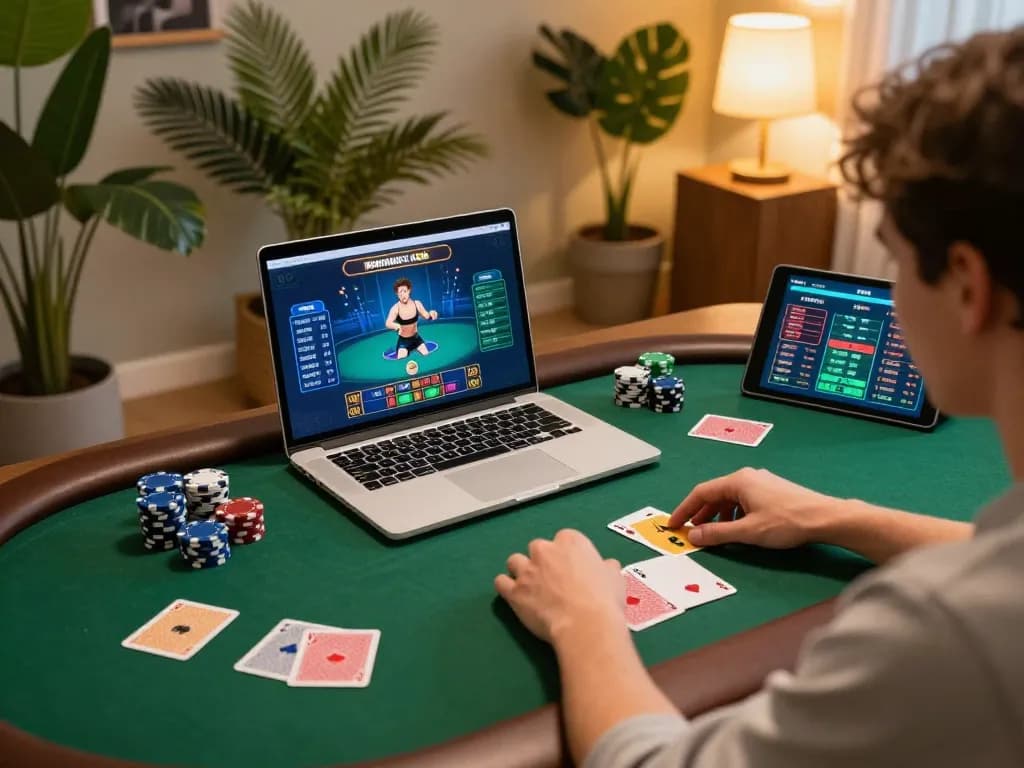 Engaged player enjoying online poker at home using okfun app on laptop, dynamic gaming atmosphere.
