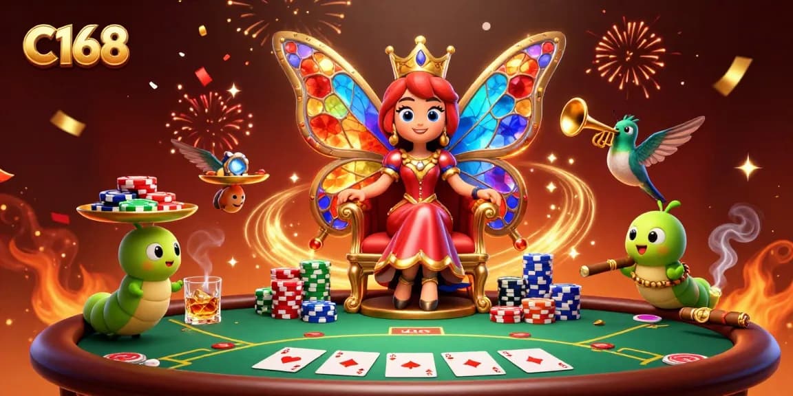 C168 players engage in a vibrant casino scene with a majestic butterfly queen, dynamic poker game elements, and rich colors.