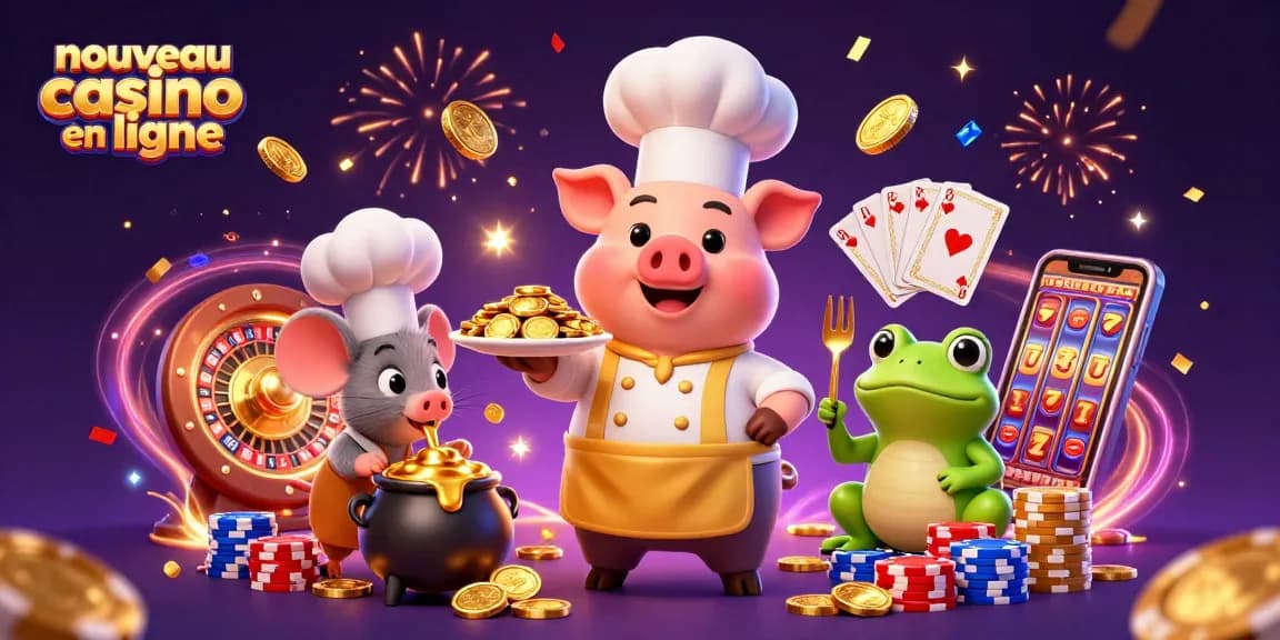 Experience the thrill of nouveau casino en ligne with a 3D cartoon scene showcasing an extravagant gold feast.