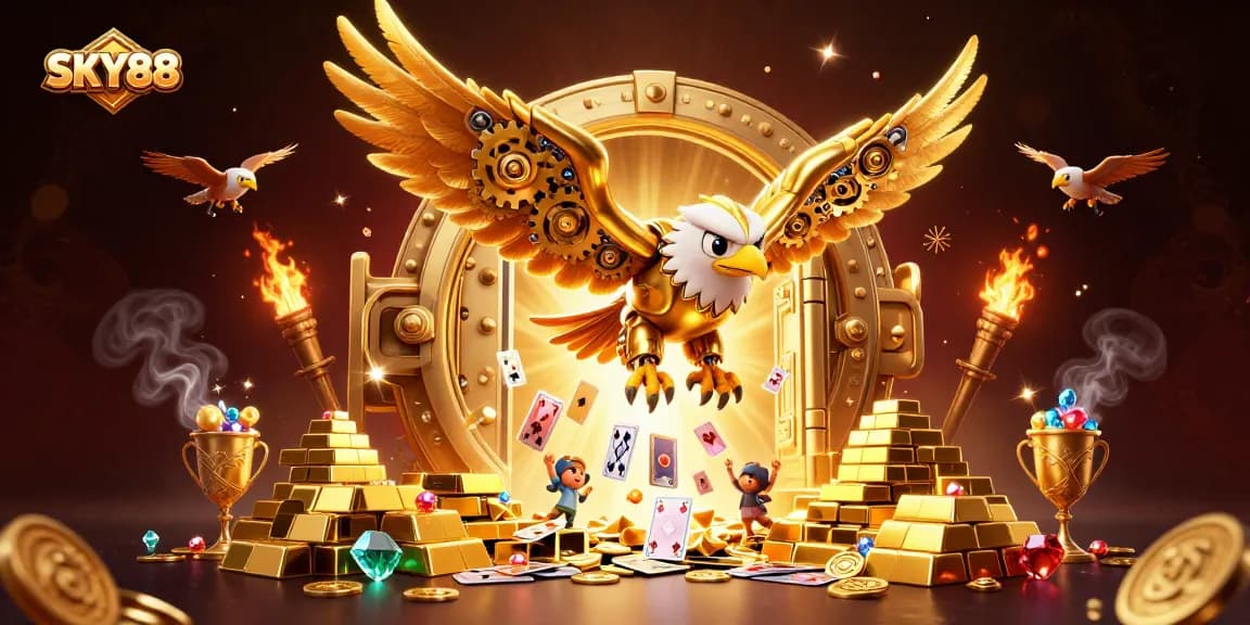 SKY88 features a vibrant scene with a golden eagle soaring through a treasure-filled casino.