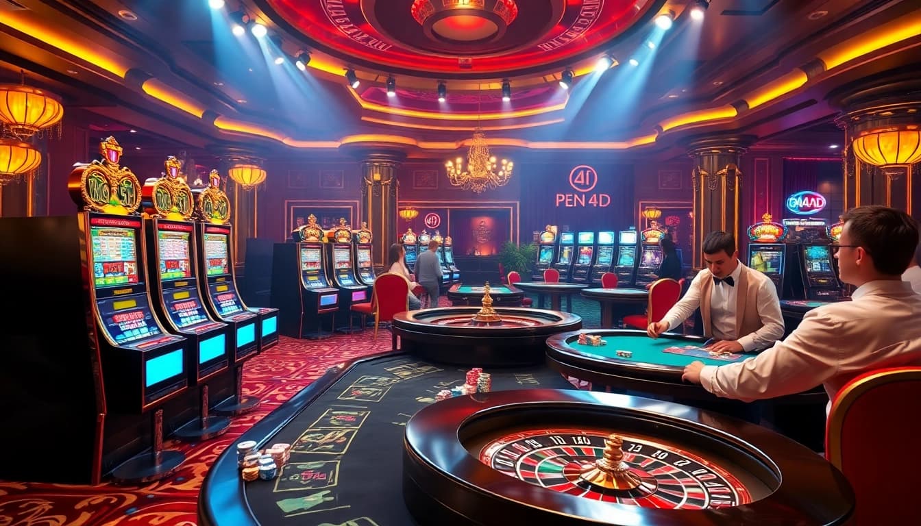 PEN 4D inspired gaming experience showcasing colorful slot machines and poker tables in an elegant casino atmosphere.