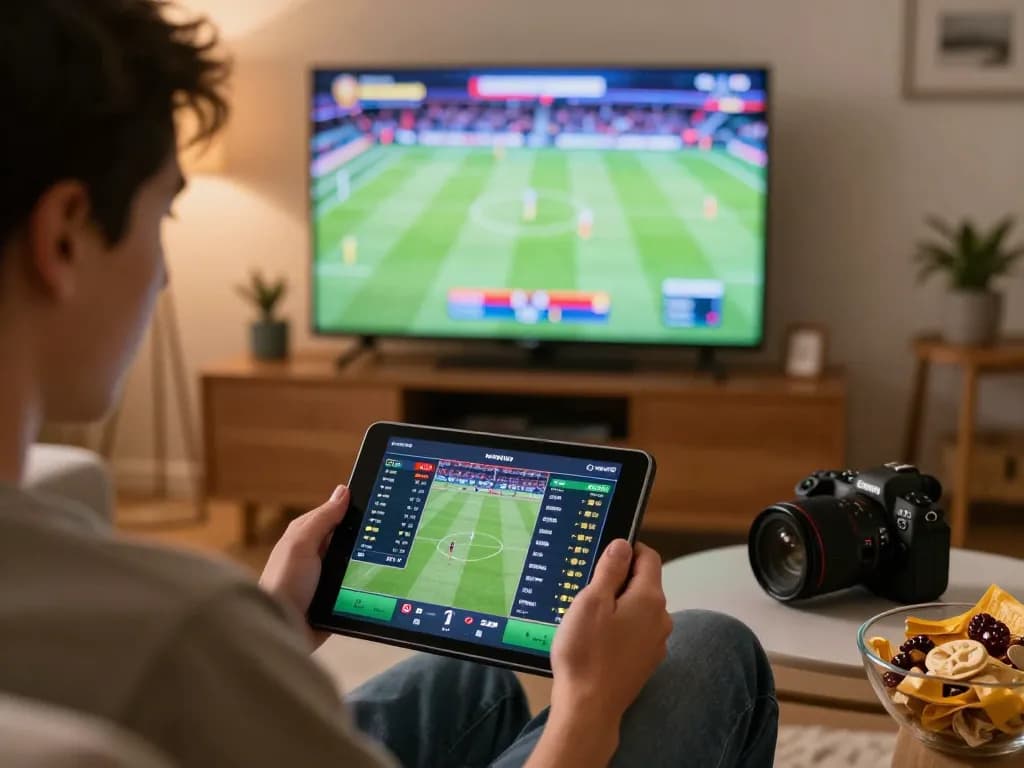 Engaging in sports betting on 28betca tablet, showcasing excitement in a cozy home environment.