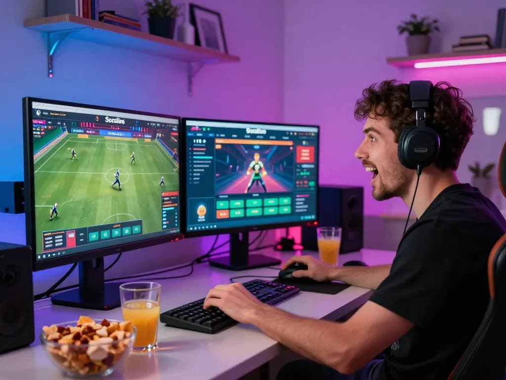 Socolive sports betting excitement with a gamer placing bets in a vibrant home office atmosphere.