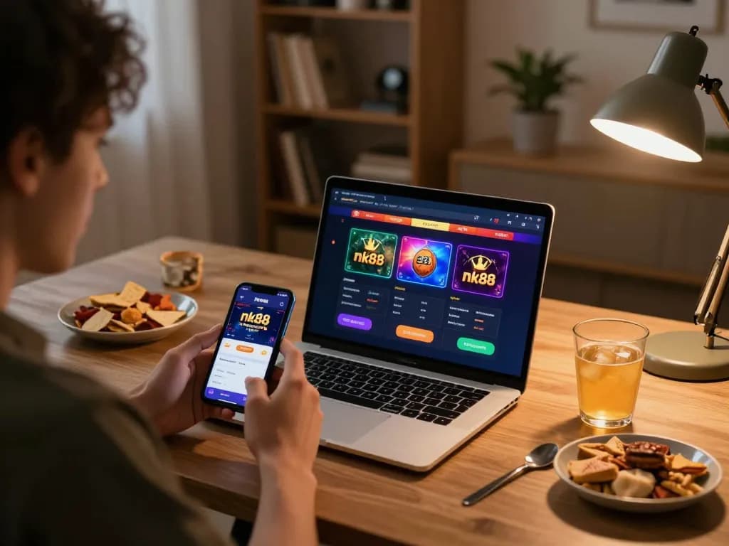 Engaging home gaming session featuring nk88 casino app on smartphone and laptop