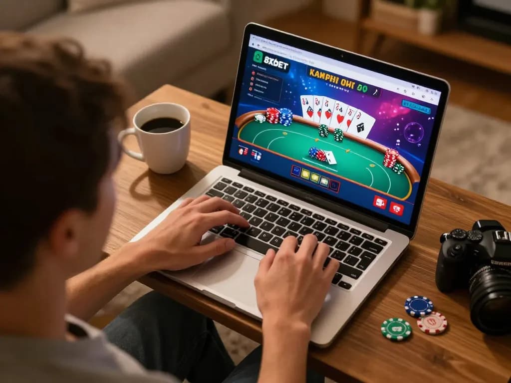 Player engaged in 8xbet online poker game, showcasing vibrant interface and strategic gaming atmosphere