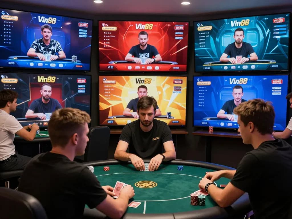 Vin88 players engaging in an intense online poker tournament, capturing competitive spirit and gaming strategy.