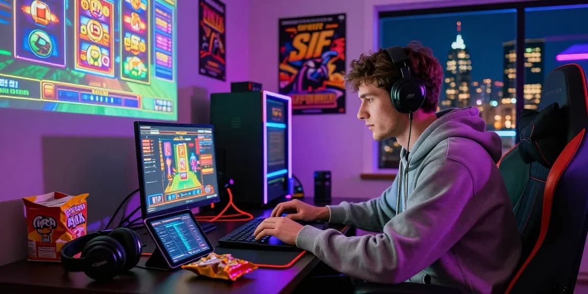 Engaging gaming setup showcasing mpo777 online slot experience with vibrant graphics and accessories.