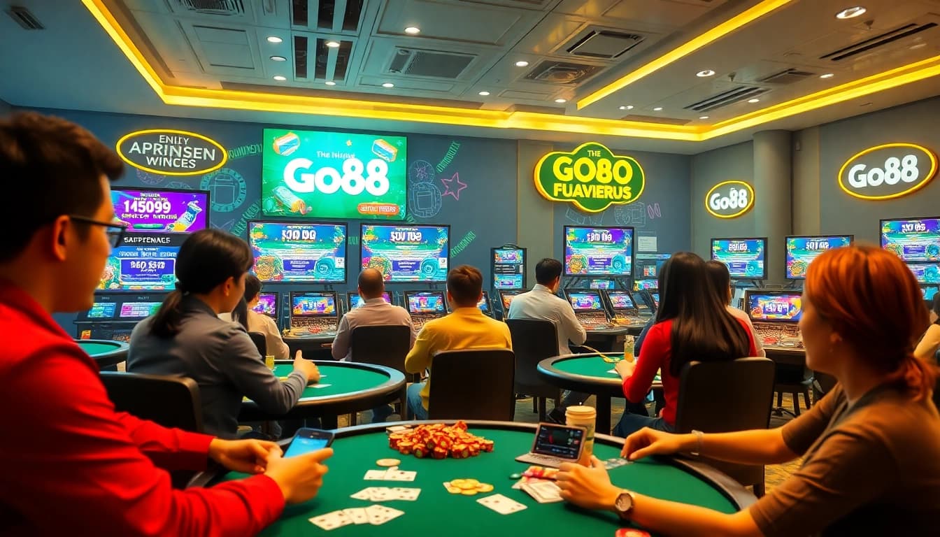 Exciting Go88 gaming scene with players enjoying card games and promotions.