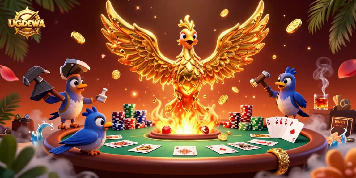 Experience thrilling wins at UGDEWA with a captivating 3D illustration of a golden phoenix and vibrant casino elements.