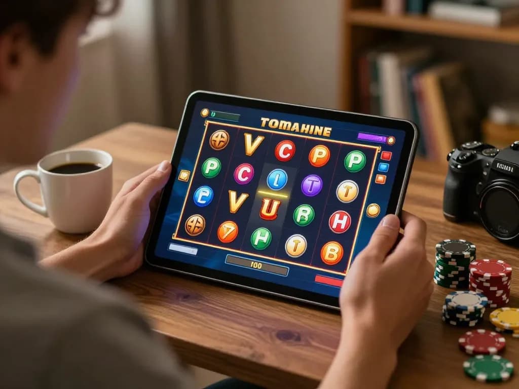 KDTOTO player enjoying a thrilling Toto Slot game on a tablet, highlighting an engaging online gambling experience.
