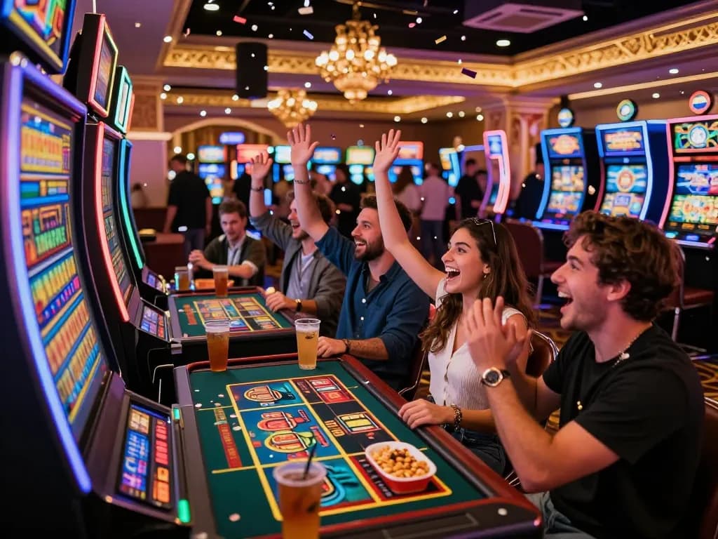 Celebrating a big win at 789win casino with friends amidst vibrant lights and joyful atmosphere.