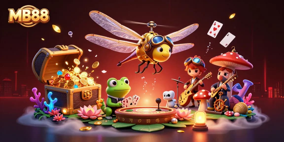 Spin the reels with MB88's vibrant online gaming scene featuring unique characters and treasures.