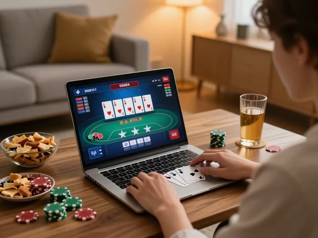 Person engaging with a No Deposit Bonus playing online poker at home, highlighting relaxed gameplay.