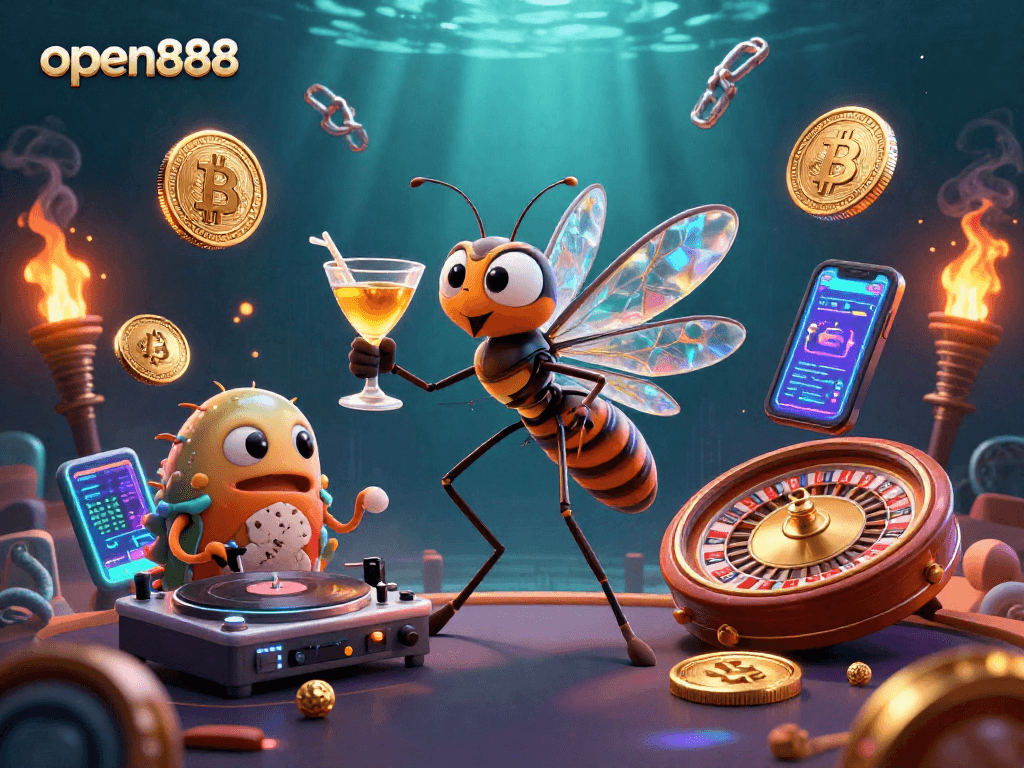 Engage with open888 at a vibrant casino scene featuring a golden roulette wheel and crypto elements.