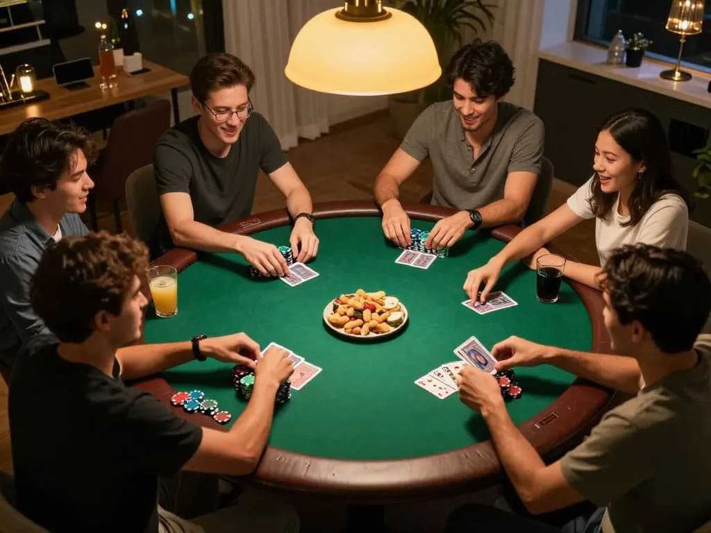 friends enjoying a lively poker game in a home setting while playing sun win