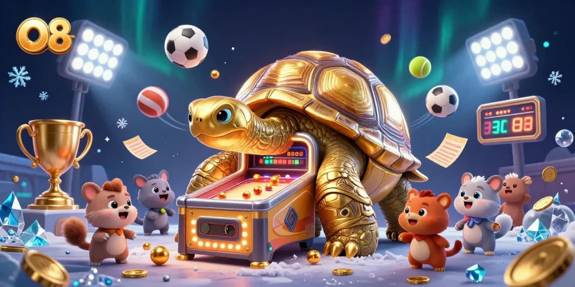 O8 offers thrilling gaming action, featuring a colossal golden tortoise and vibrant sports elements in a dynamic scene.
