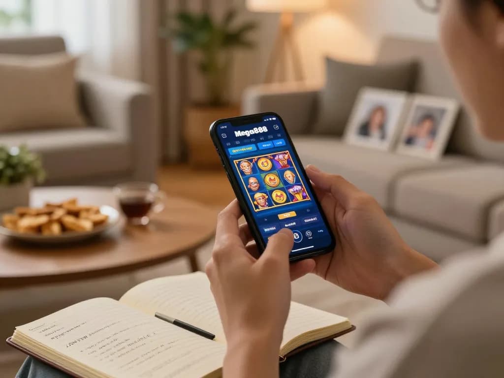 Mega888 original download ios displayed on a smartphone in a cozy living room for responsible gaming.