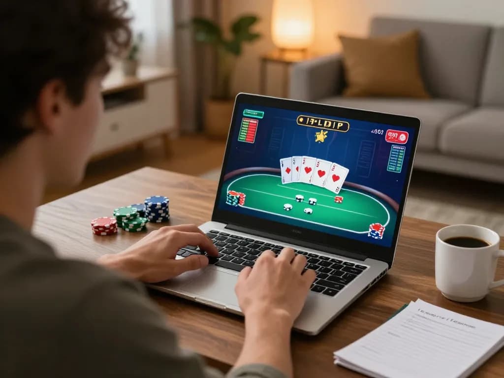 Engaged gambler playing poker online with dh88 in a cozy home setting.