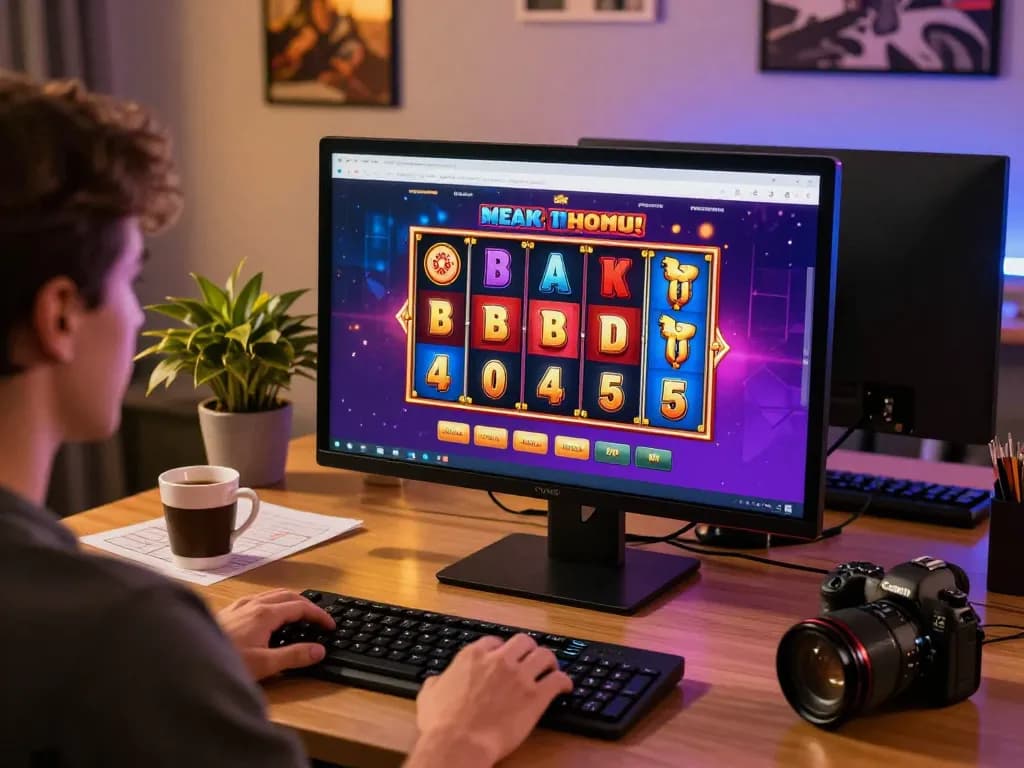Player engaging with dh88 online gaming platform, colorful slots on screen, focused atmosphere